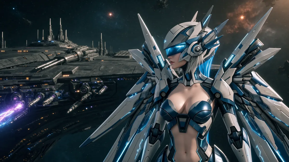 Sustained scale: same character, same armour, hundreds of shots later. Raylen facing the fleet, a scale shot