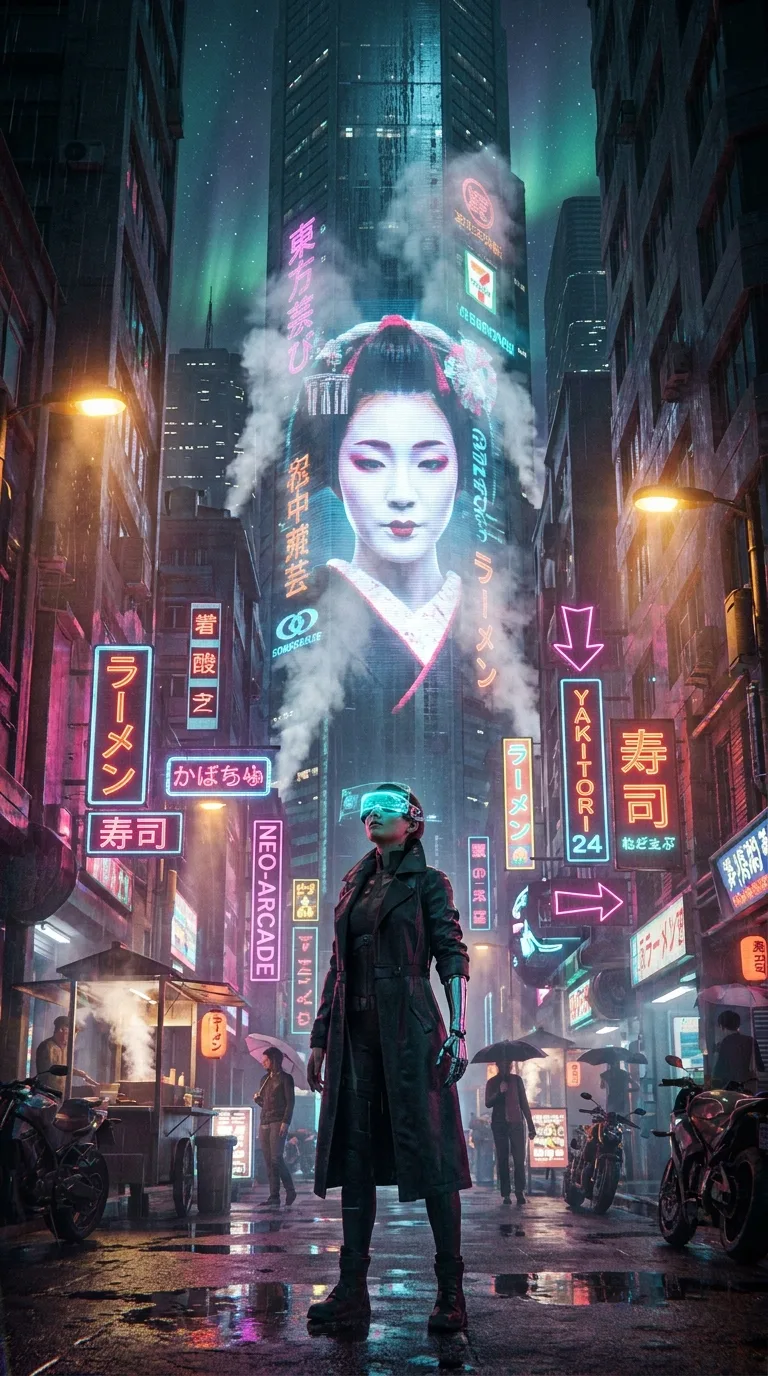 Cyberpunk rooftop · city + galaxy